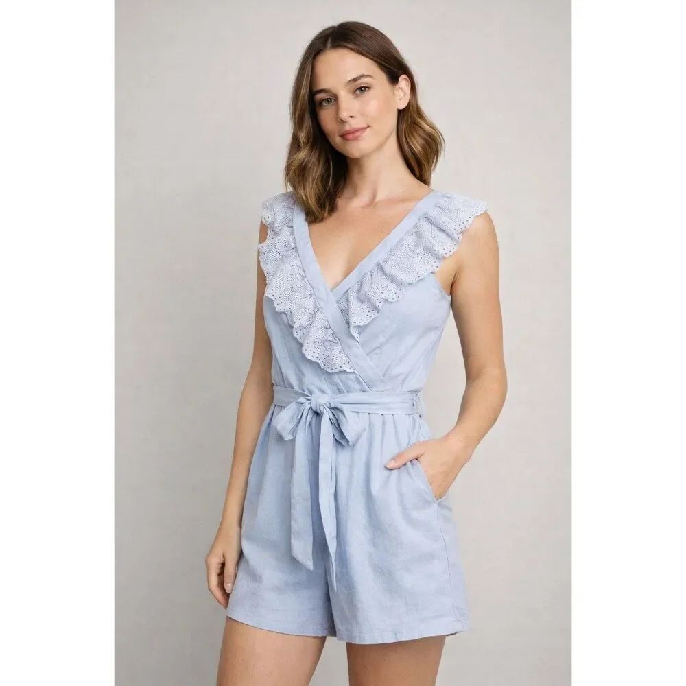 She + Sky Blue Lace Trim Wrap Romper Women’s Large Boho
